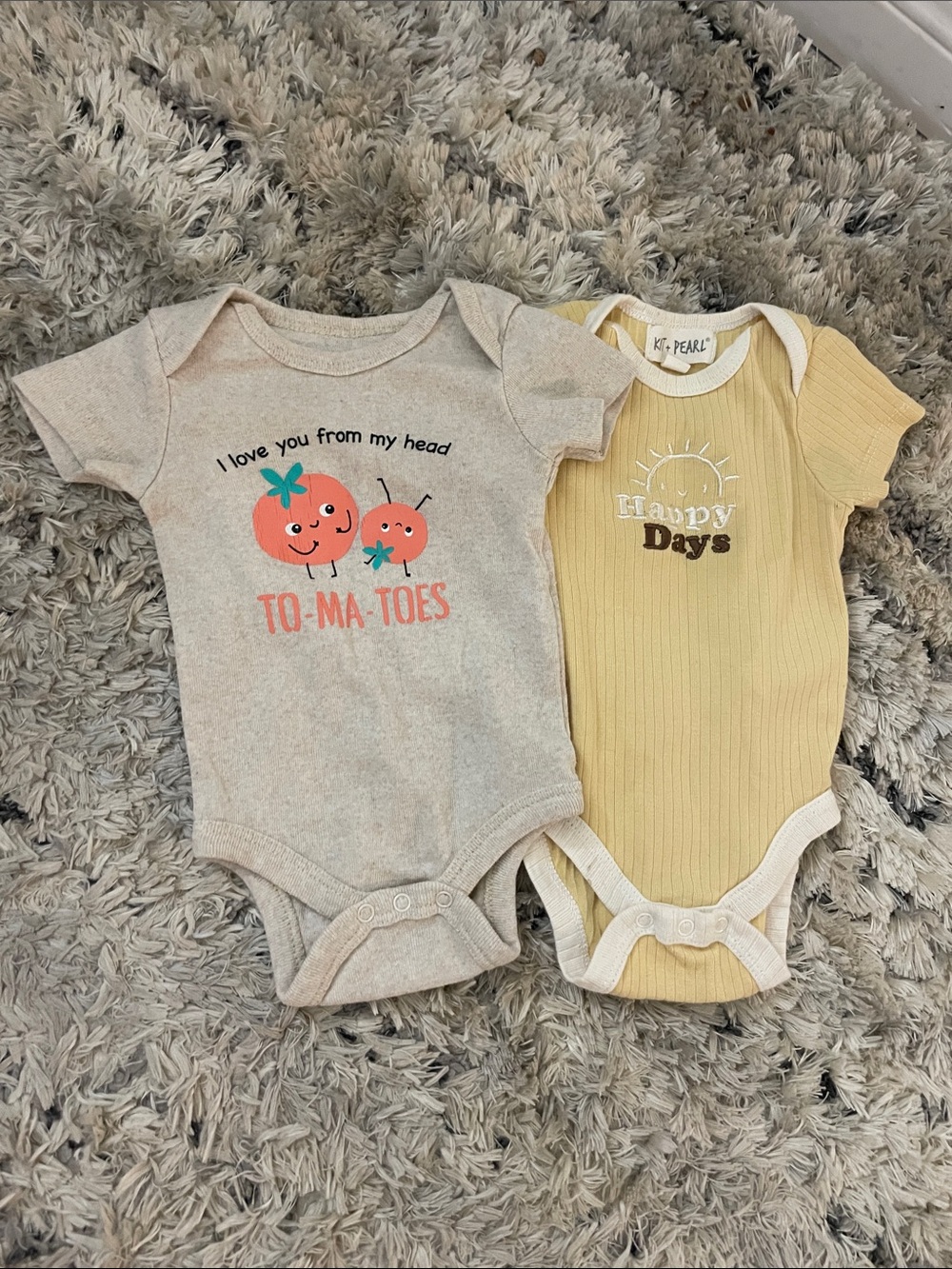 Pearl Yellow Ribbed "Happy Days" & Tan Tomato Graphic One-Pieces